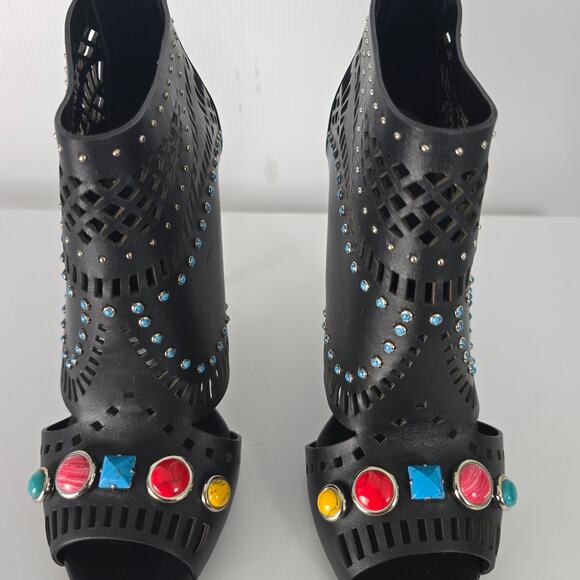 Gucci Lika Laser Cut Black Leather Jewel Studded Heeled Open Toe Booties 40 - Picture 14 of 15